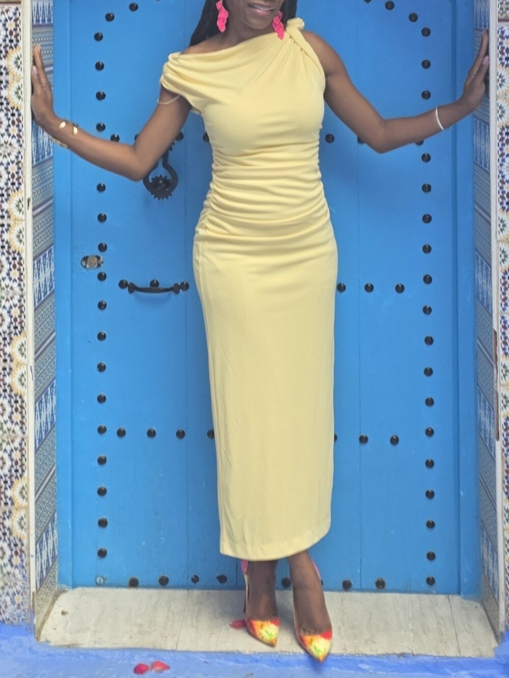 Butter Yellow Draped One-Shoulder Maxi Fitted Bodycon Dress - Picture 8 of 9